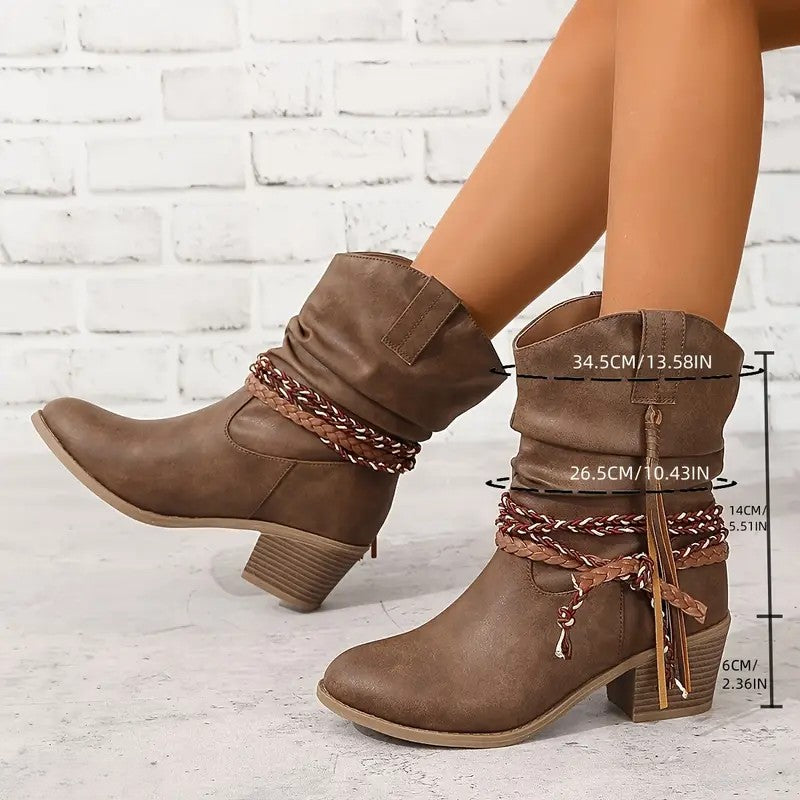 Bottes western à pompons pour femme Fiorelle - Bottines cowboy à boucle tressée, talon carré et bout pointu (US 5-10)