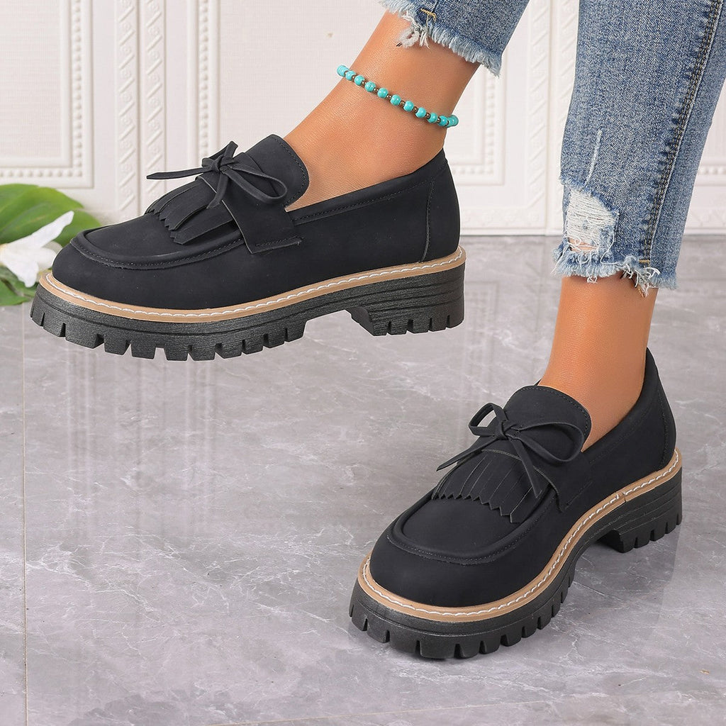 Mocassins décontractés pour femme Fiorelle grandes tailles, élégants, à talons épais, ornés de pompons et de nœuds