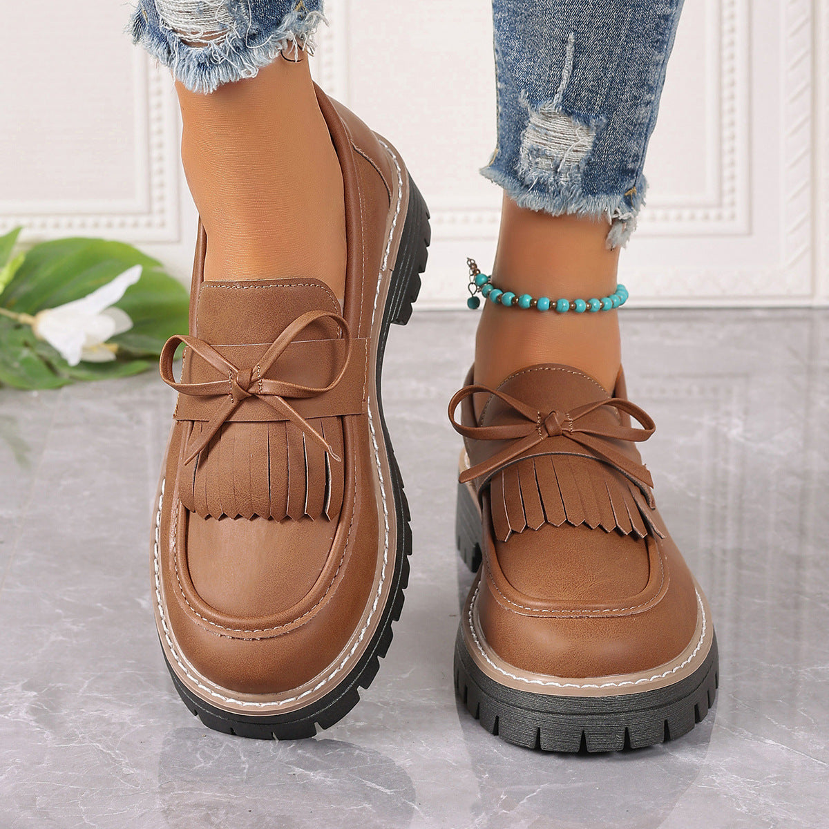 Mocassins décontractés pour femme Fiorelle grandes tailles, élégants, à talons épais, ornés de pompons et de nœuds