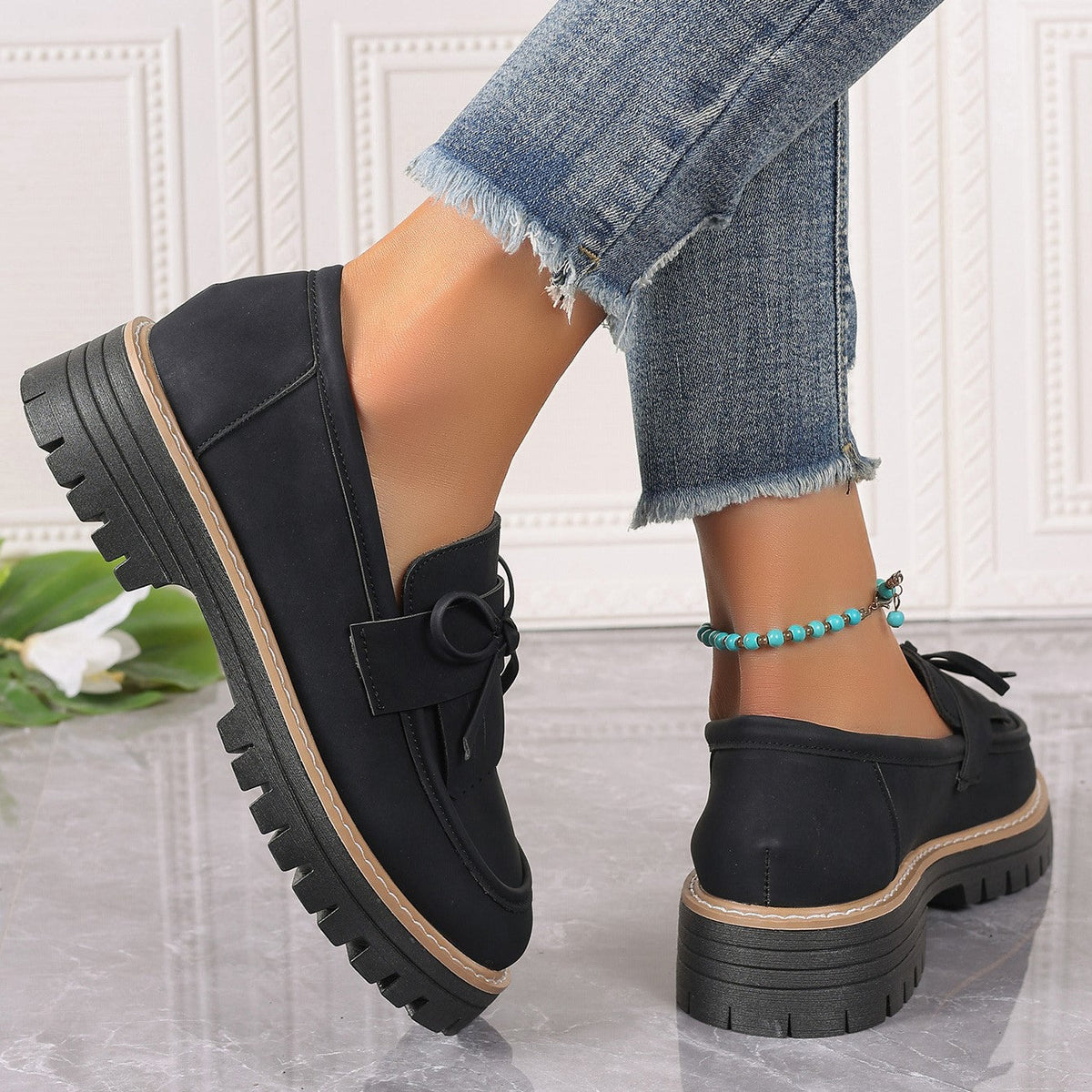Mocassins décontractés pour femme Fiorelle grandes tailles, élégants, à talons épais, ornés de pompons et de nœuds