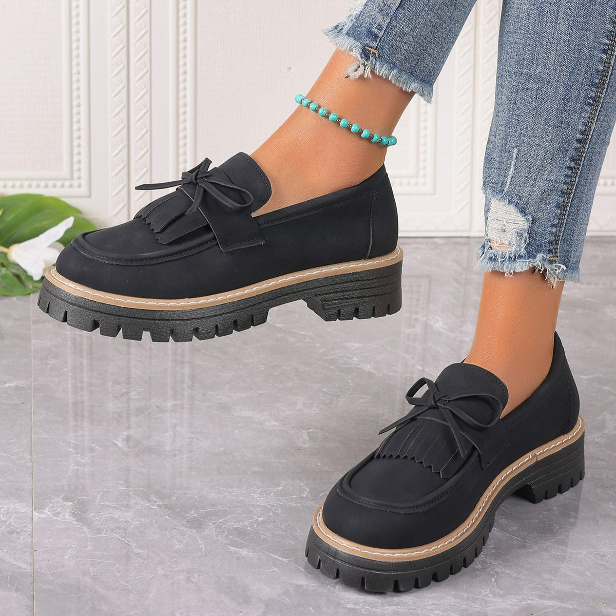 Mocassins décontractés pour femme Fiorelle grandes tailles, élégants, à talons épais, ornés de pompons et de nœuds