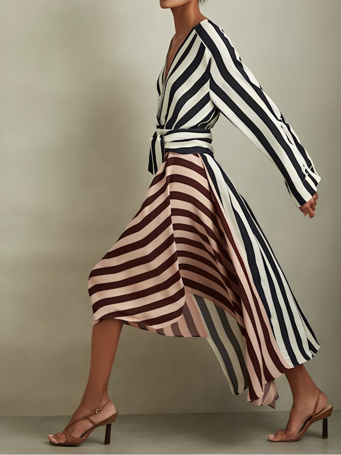Two-Tone Striped High-Low Dress with Long Sleeves and V-Neckline - Maris