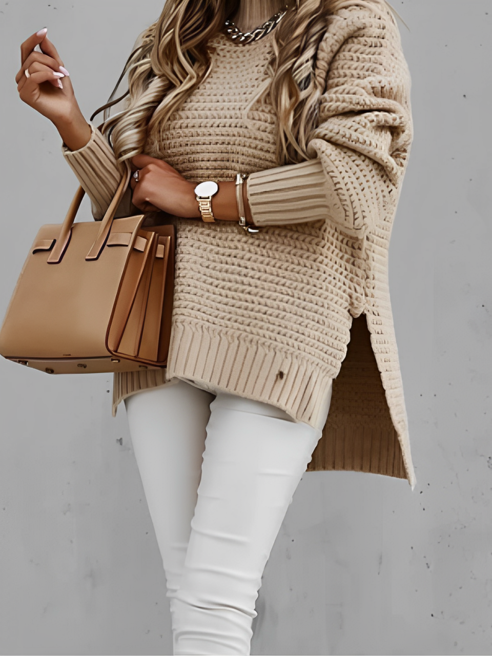 Damen-Strickpullover mit Rollkragen, Vokuhila-Saum und Puffärmeln - Aurora