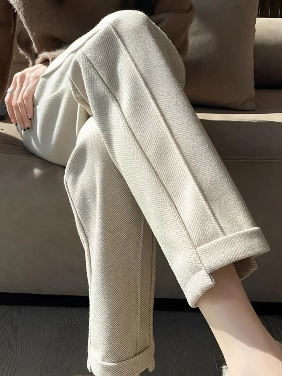Women's High-Waisted Straight Wool-Cashmere Trousers with Elastic – Leda