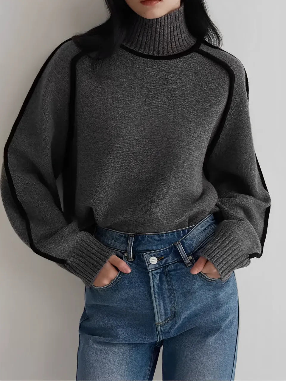 Ribbed High-Neck Sweater with 3D Raised Stripes - Natalie