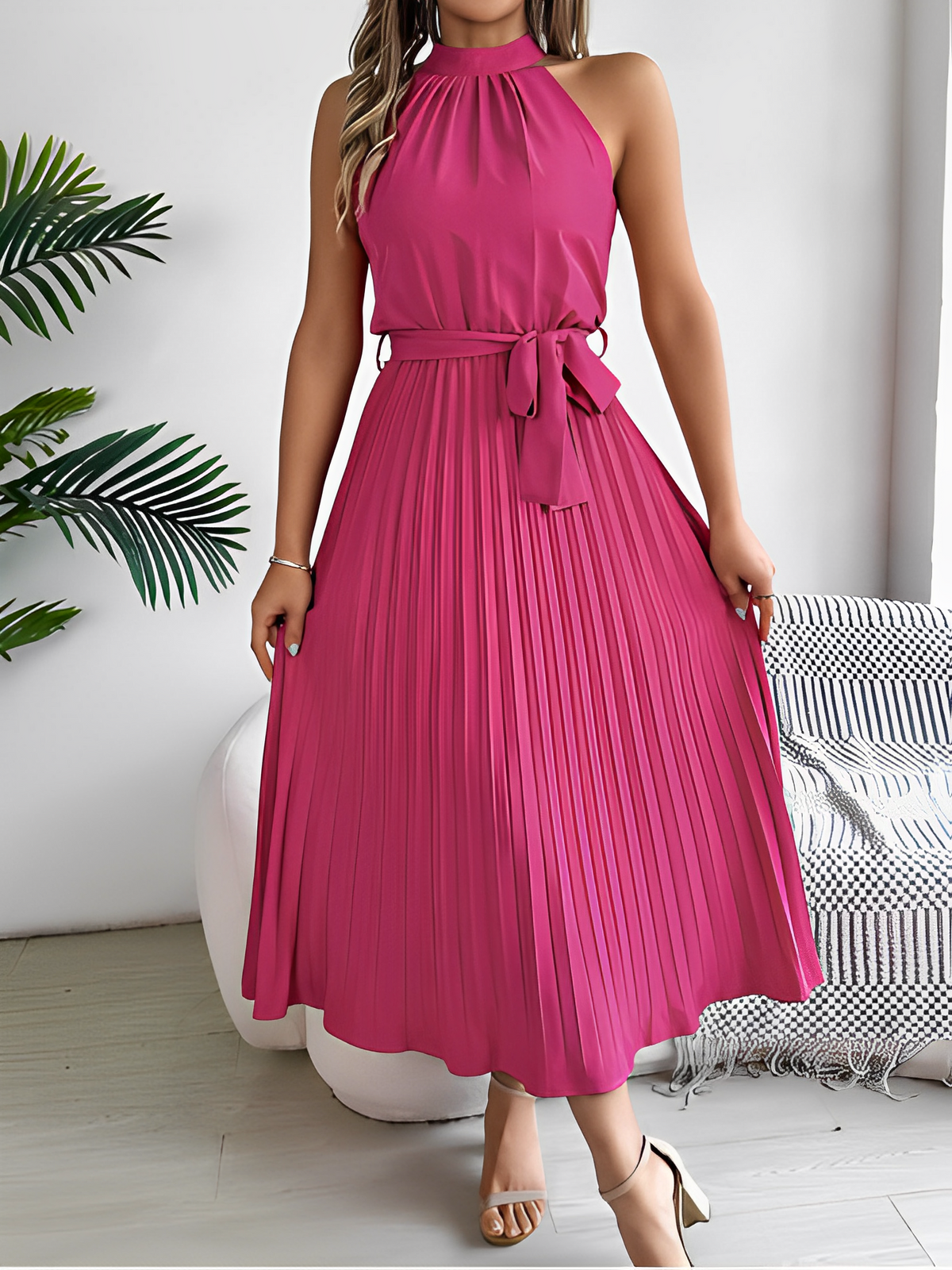 Pleated Halter Neck Midi Dress with Adjustable Waist Tie – Dora