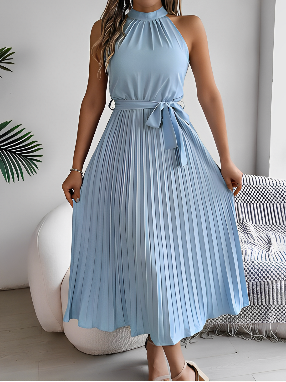 Pleated Halter Neck Midi Dress with Adjustable Waist Tie – Dora