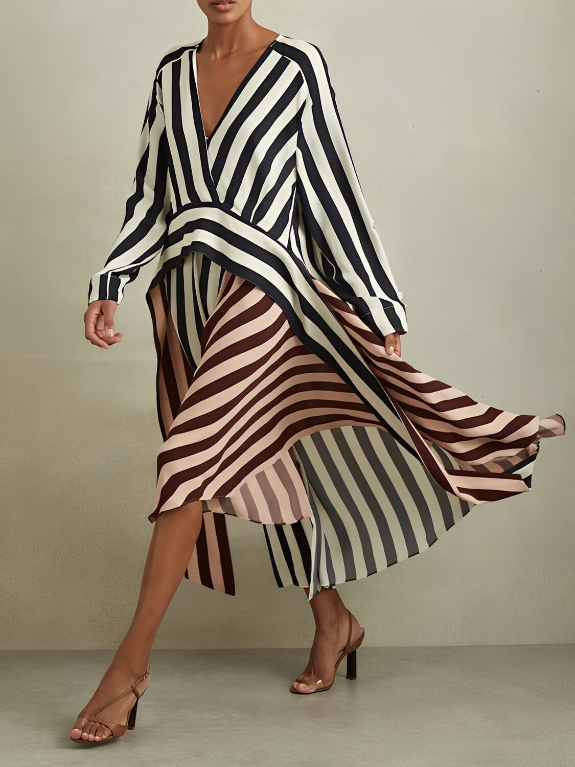 Two-Tone Striped High-Low Dress with Long Sleeves and V-Neckline - Maris