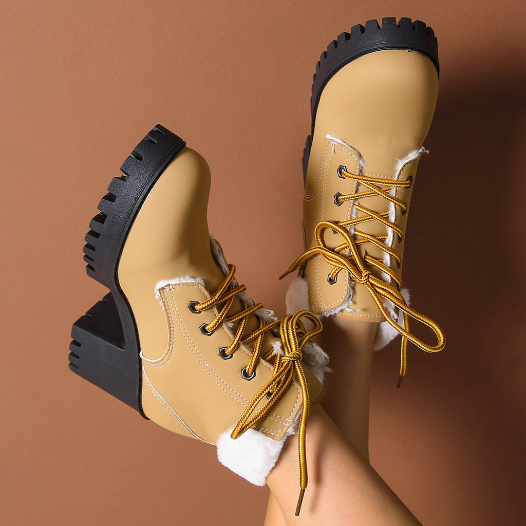 Bottines de combat à lacets en peluche givrée pour femme Fiorelle - Bottines d'hiver à talon bloc et semelle antidérapante pour les trajets quotidiens (US 4-10)