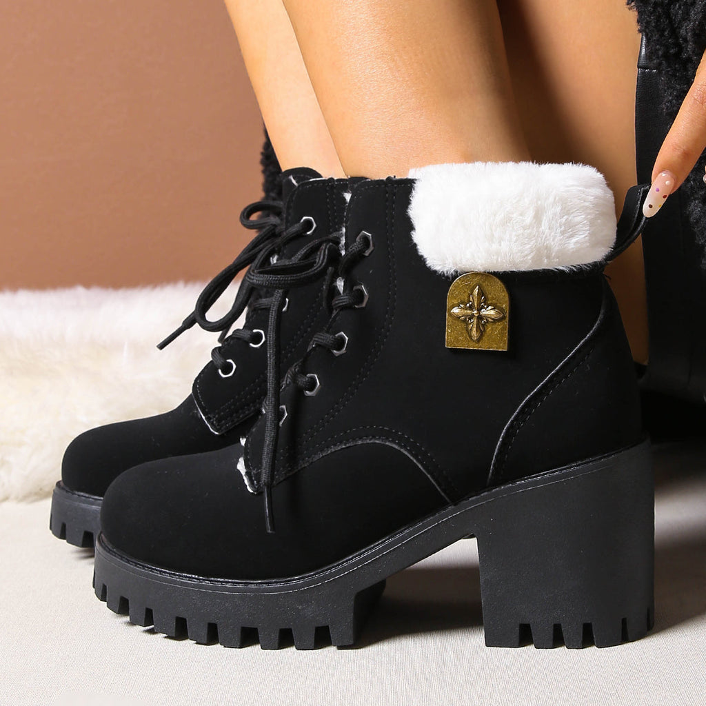 Bottines de combat à lacets en peluche givrée pour femme Fiorelle - Bottines d'hiver à talon bloc et semelle antidérapante pour les trajets quotidiens (US 4-10)