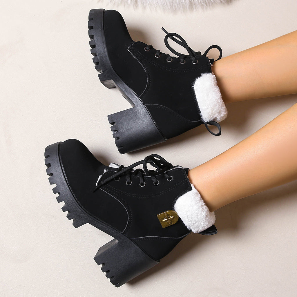 Bottines de combat à lacets en peluche givrée pour femme Fiorelle - Bottines d'hiver à talon bloc et semelle antidérapante pour les trajets quotidiens (US 4-10)