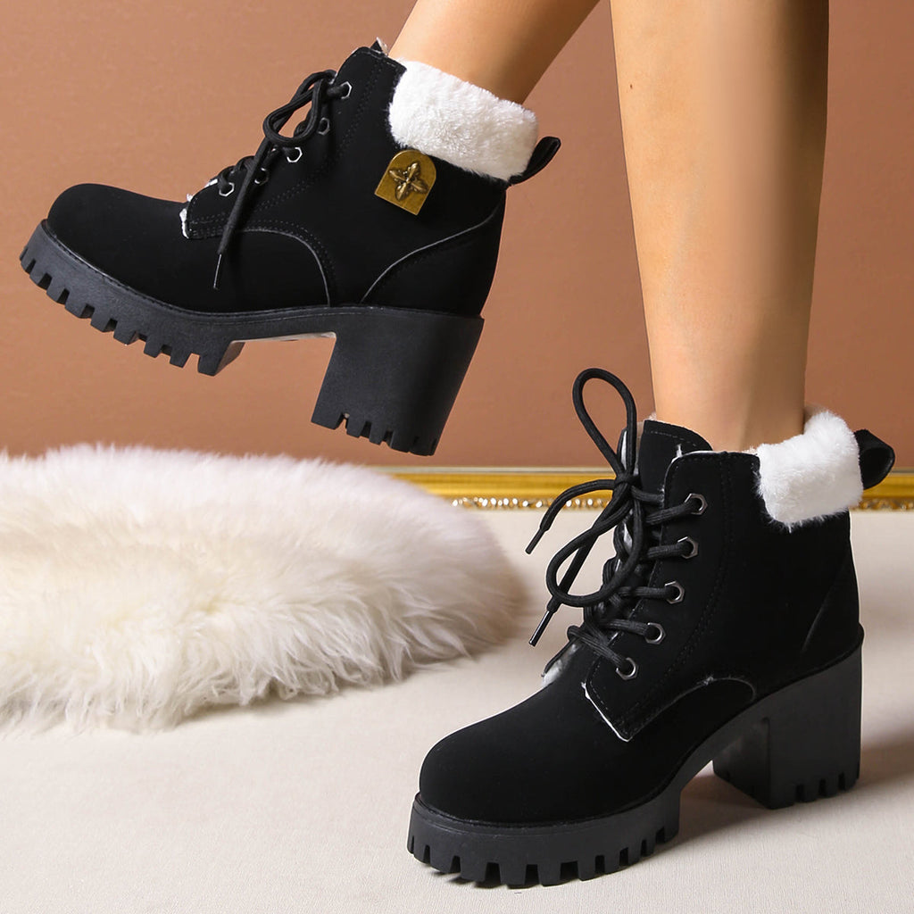 Bottines de combat à lacets en peluche givrée pour femme Fiorelle - Bottines d'hiver à talon bloc et semelle antidérapante pour les trajets quotidiens (US 4-10)