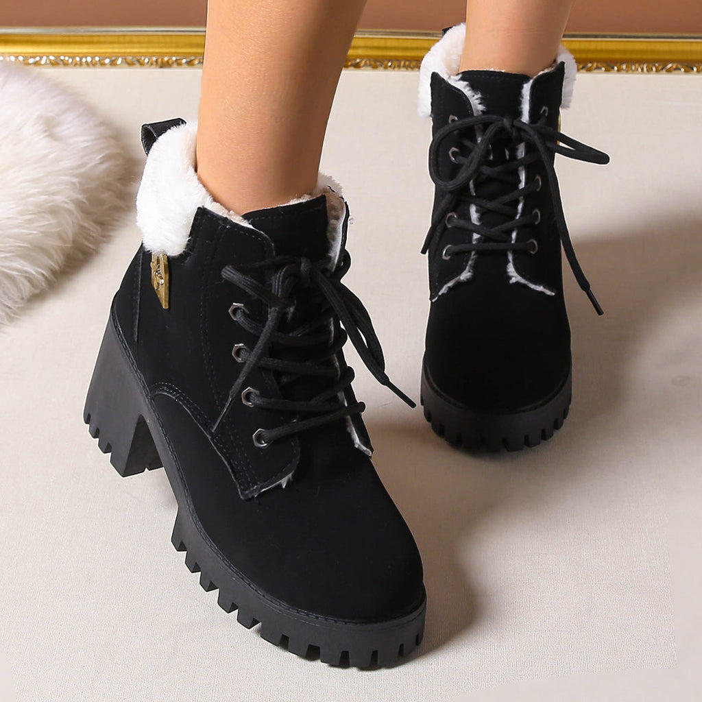Bottines de combat à lacets en peluche givrée pour femme Fiorelle - Bottines d'hiver à talon bloc et semelle antidérapante pour les trajets quotidiens (US 4-10)