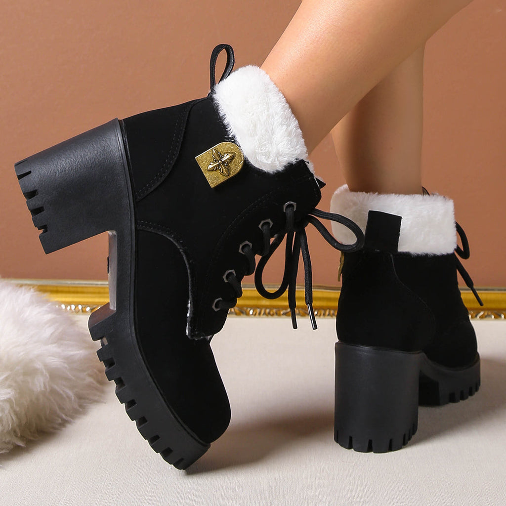 Bottines de combat à lacets en peluche givrée pour femme Fiorelle - Bottines d'hiver à talon bloc et semelle antidérapante pour les trajets quotidiens (US 4-10)