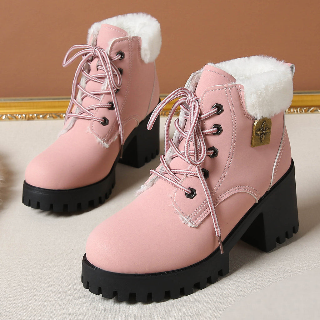Bottines de combat à lacets en peluche givrée pour femme Fiorelle - Bottines d'hiver à talon bloc et semelle antidérapante pour les trajets quotidiens (US 4-10)
