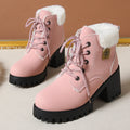 Bottines de combat à lacets en peluche givrée pour femme Fiorelle - Bottines d'hiver à talon bloc et semelle antidérapante pour les trajets quotidiens (US 4-10)