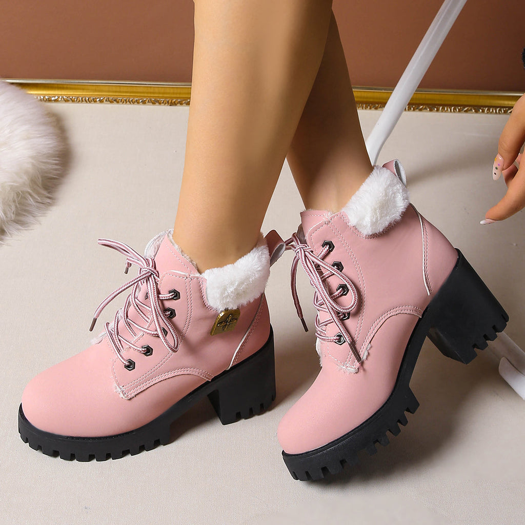 Bottines de combat à lacets en peluche givrée pour femme Fiorelle - Bottines d'hiver à talon bloc et semelle antidérapante pour les trajets quotidiens (US 4-10)