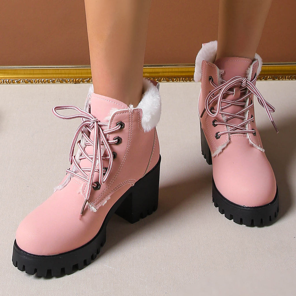Bottines de combat à lacets en peluche givrée pour femme Fiorelle - Bottines d'hiver à talon bloc et semelle antidérapante pour les trajets quotidiens (US 4-10)