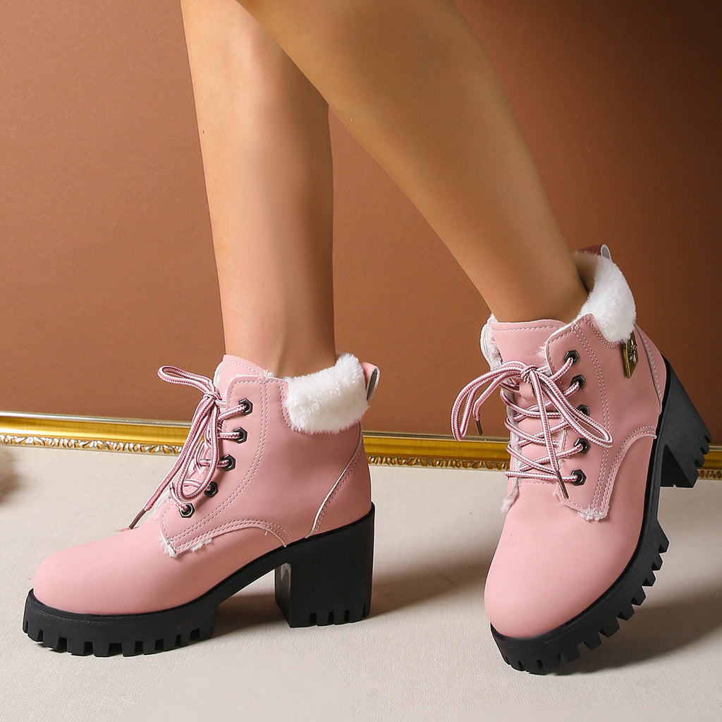 Bottines de combat à lacets en peluche givrée pour femme Fiorelle - Bottines d'hiver à talon bloc et semelle antidérapante pour les trajets quotidiens (US 4-10)