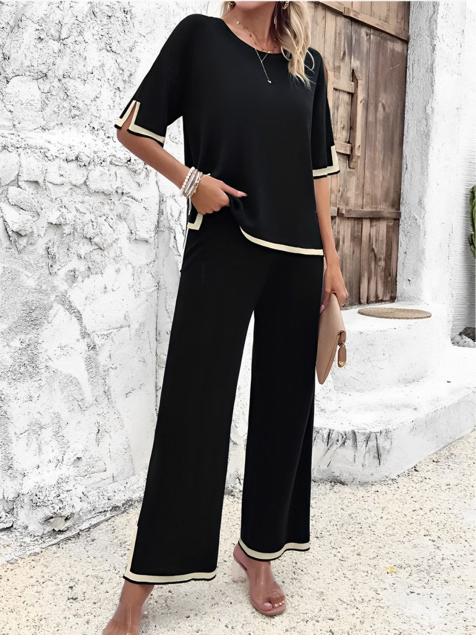 Women's Viscose Set with Short-Sleeve High-Low Top and High-Waisted Slit-Hem Trousers - Mirtes