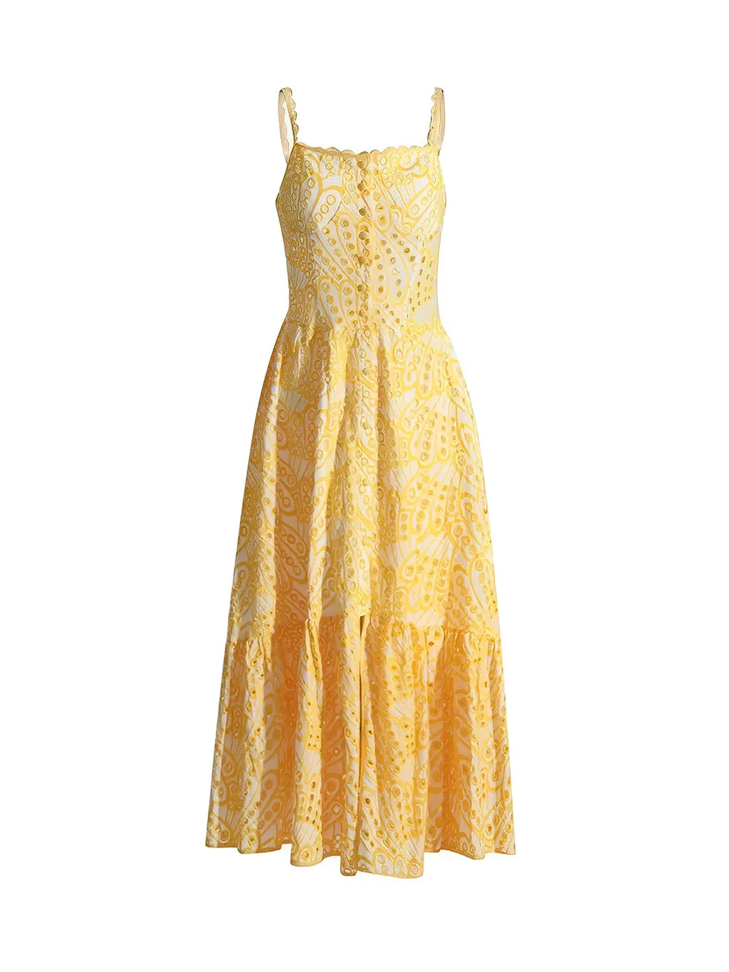 Midi-Kleid mit Lochstickerei, zarten Rüschen und elastischem Rücken – Marina