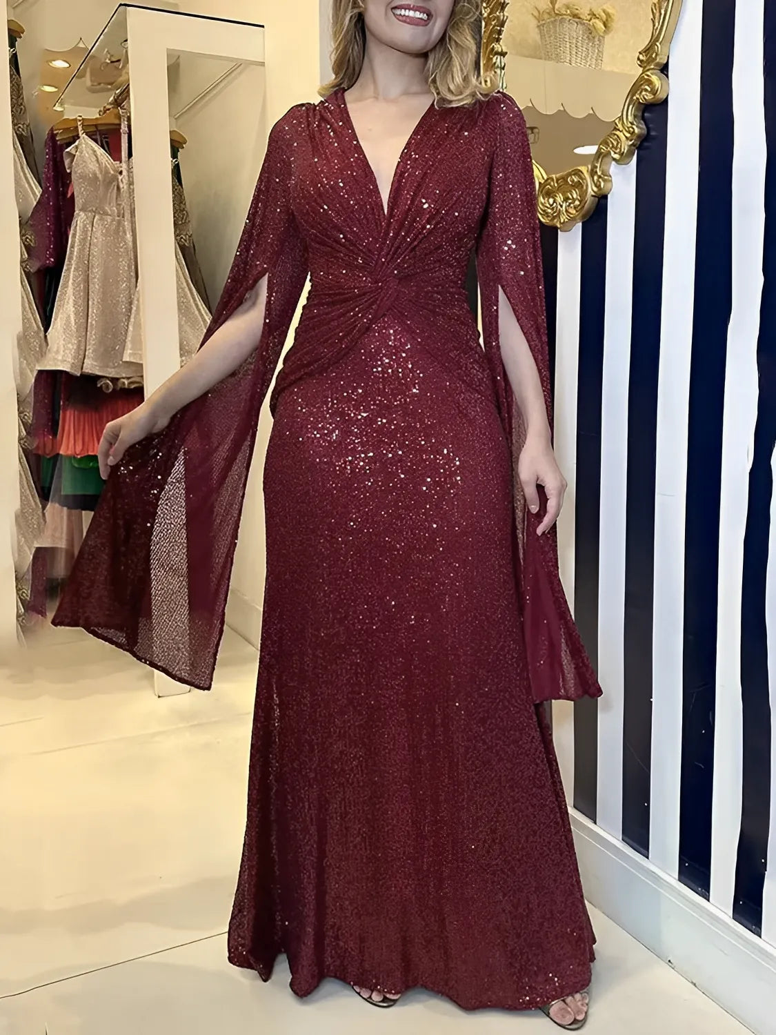 Women's Sequin Evening Maxi Dress with V-Neckline and Waist Knot - Dafne