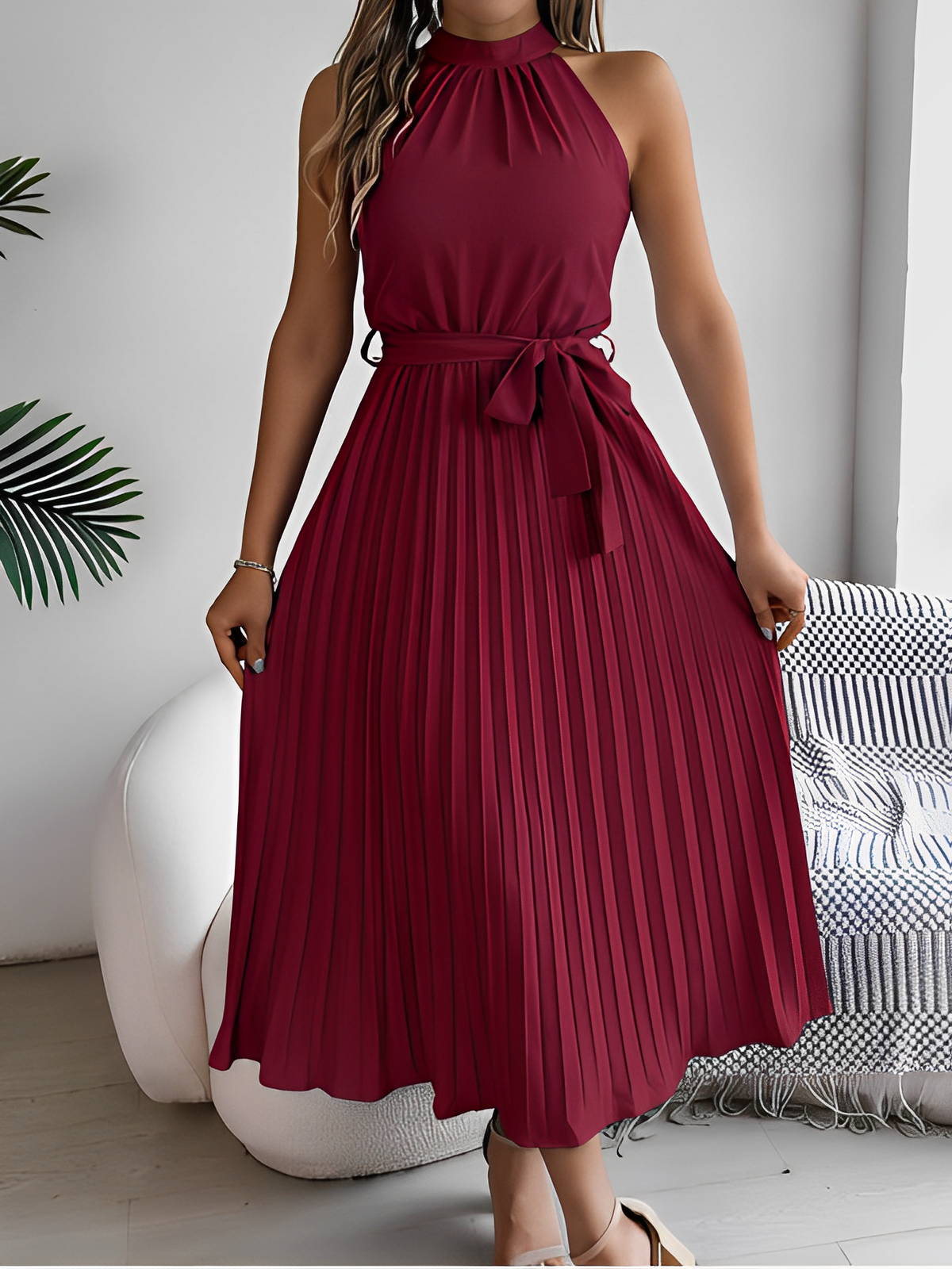Pleated Halter Neck Midi Dress with Adjustable Waist Tie – Dora