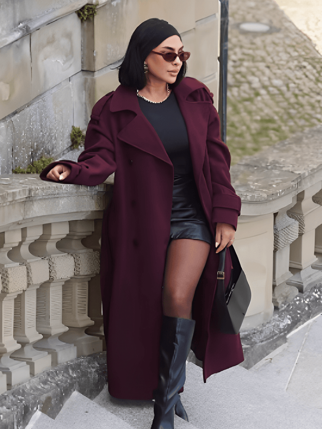 Long Boiled Wool Overcoat with Epaulettes and Tie Belt - Maisha
