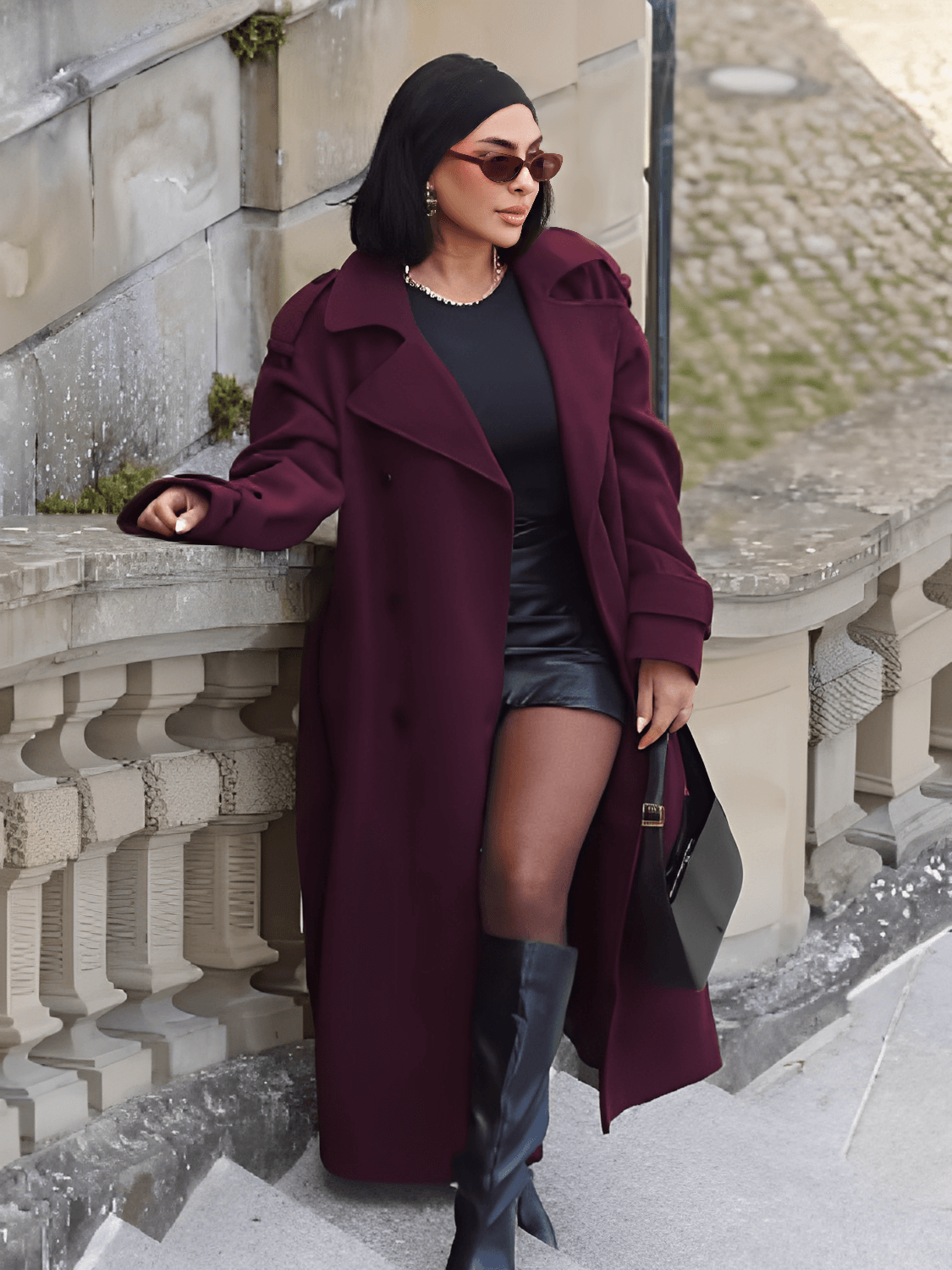 Long Boiled Wool Overcoat with Epaulettes and Tie Belt - Maisha