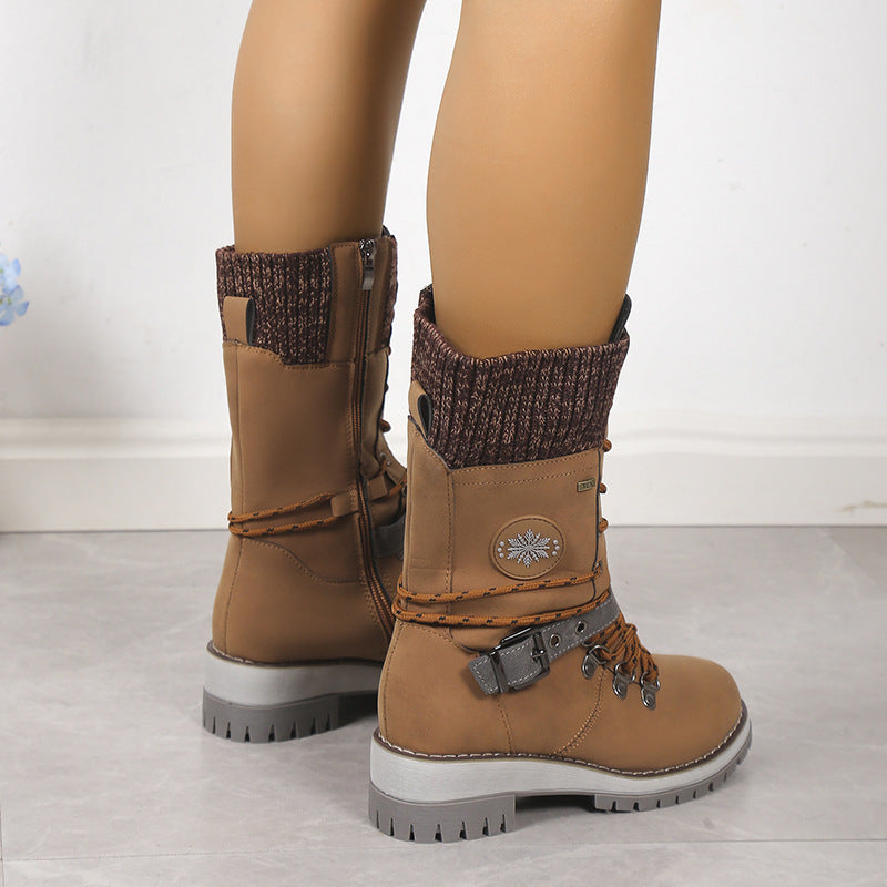 Fiorelle Damen-Combat-Stiefel im nordischen Strick-Design – Hochschäftige, mit Thermobaumwolle gefütterte Schneestiefel mit Blockabsatz & Lederakzenten (US 5–10,5)