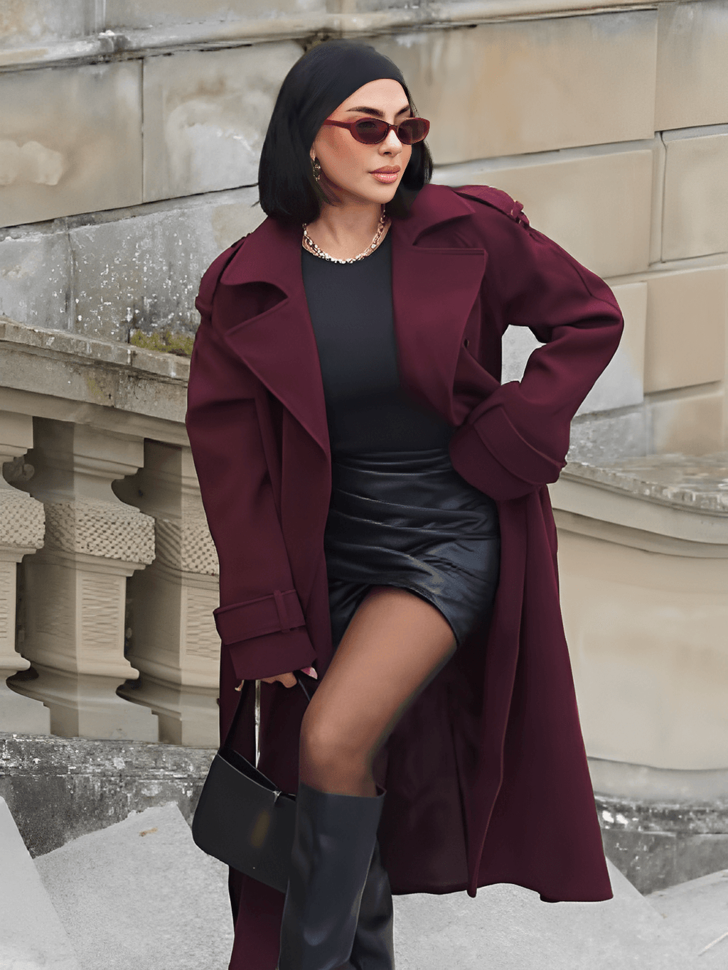 Long Boiled Wool Overcoat with Epaulettes and Tie Belt - Maisha
