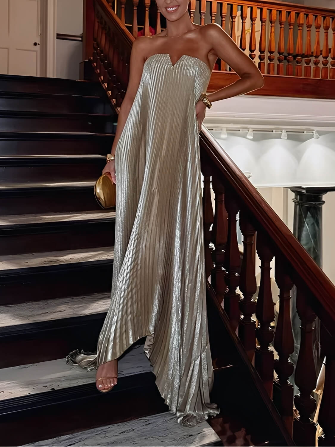 Asymmetric Pleated Satin Strapless Maxi Dress - Éris