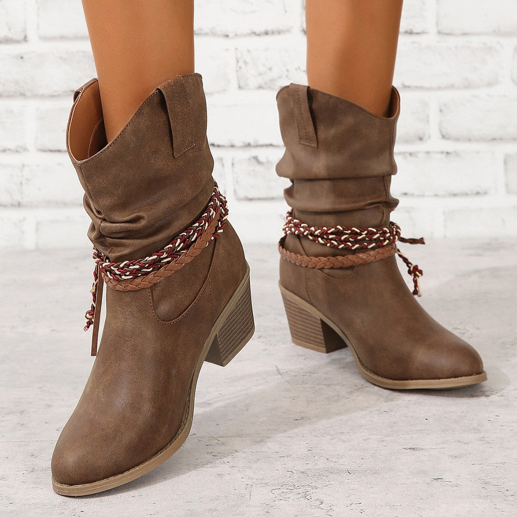 Bottes western à pompons pour femme Fiorelle - Bottines cowboy à boucle tressée, talon carré et bout pointu (US 5-10)