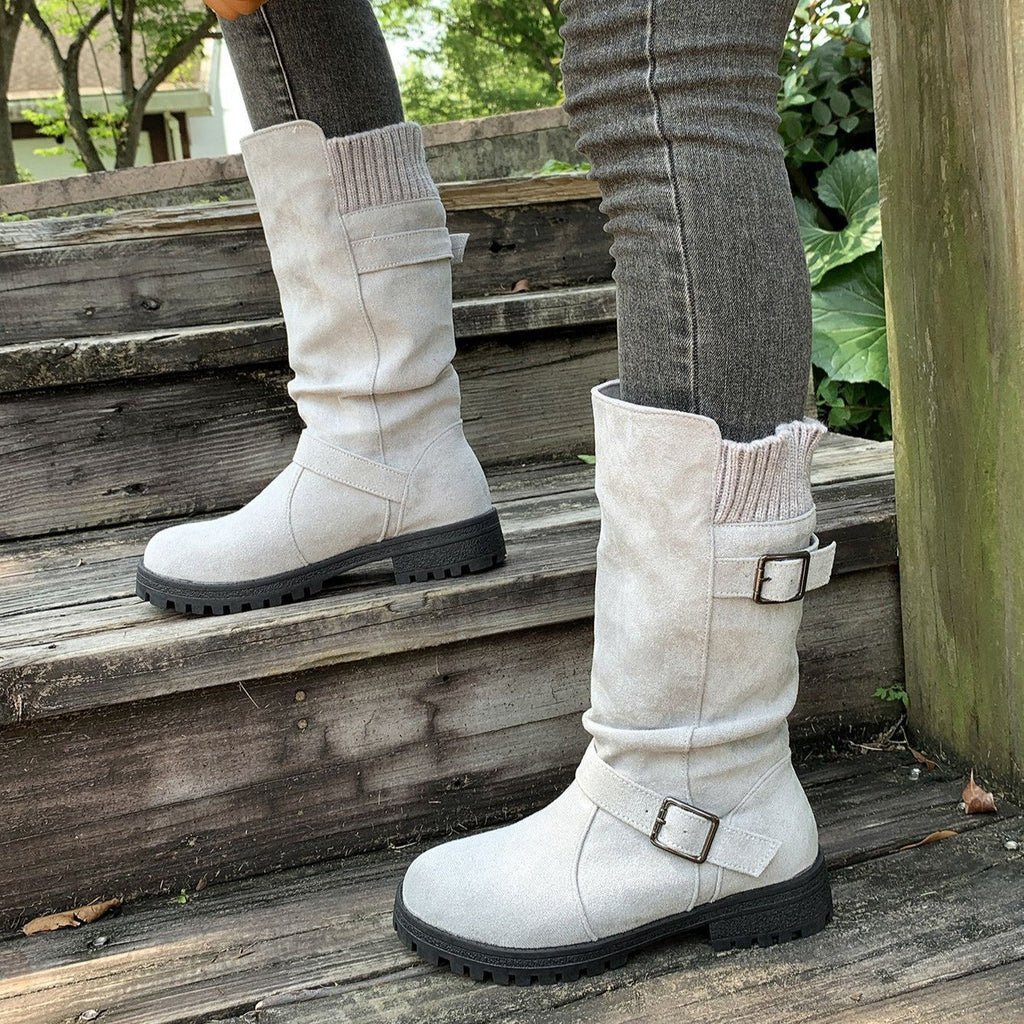 Fiorelle Damen-Wildlederstiefel mit Schnalle, wadenhoch – Gestrickte Manschette, Western-Stil, Slouchy-Schuhe (US 5–10,5)
