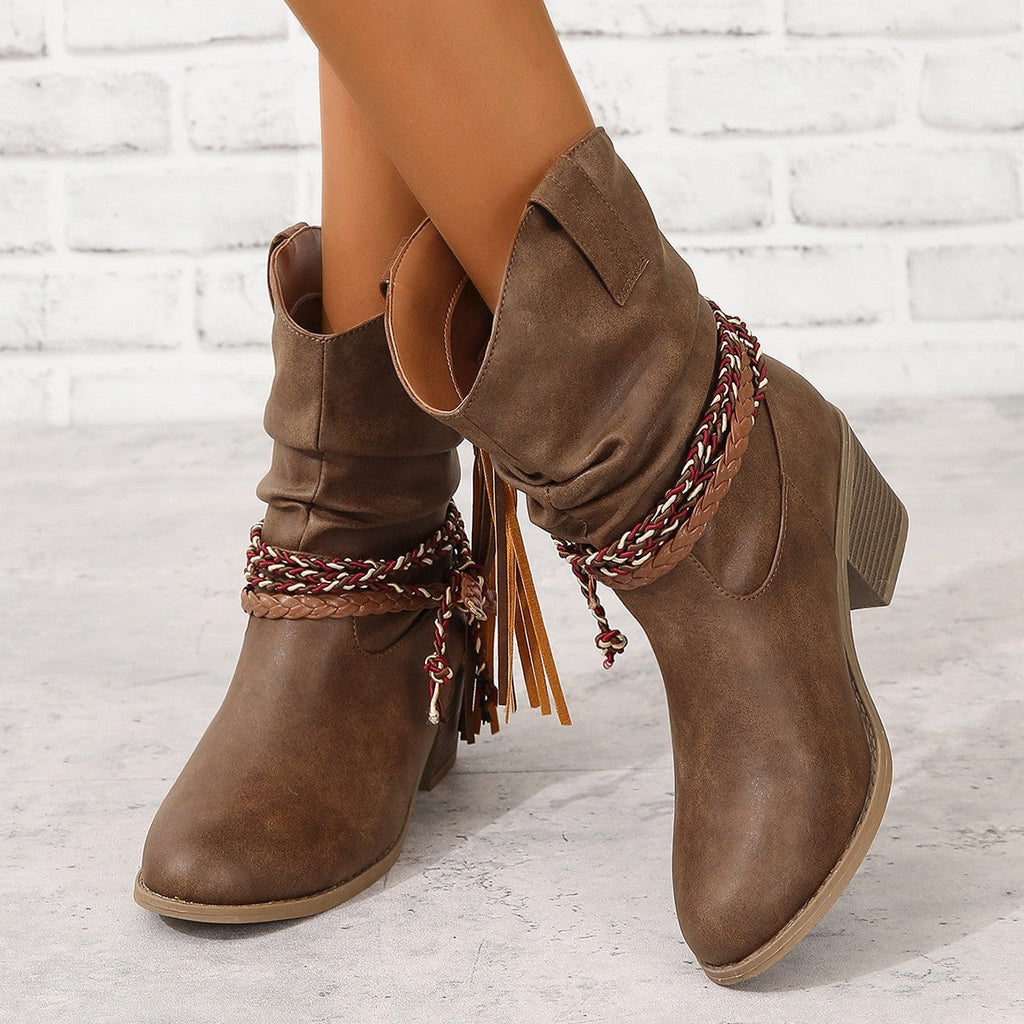 Bottes western à pompons pour femme Fiorelle - Bottines cowboy à boucle tressée, talon carré et bout pointu (US 5-10)