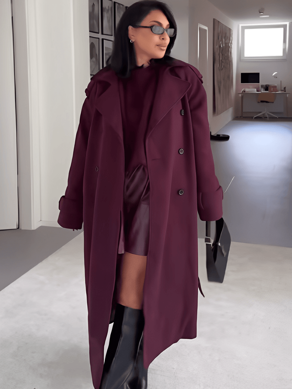 Long Boiled Wool Overcoat with Epaulettes and Tie Belt - Maisha