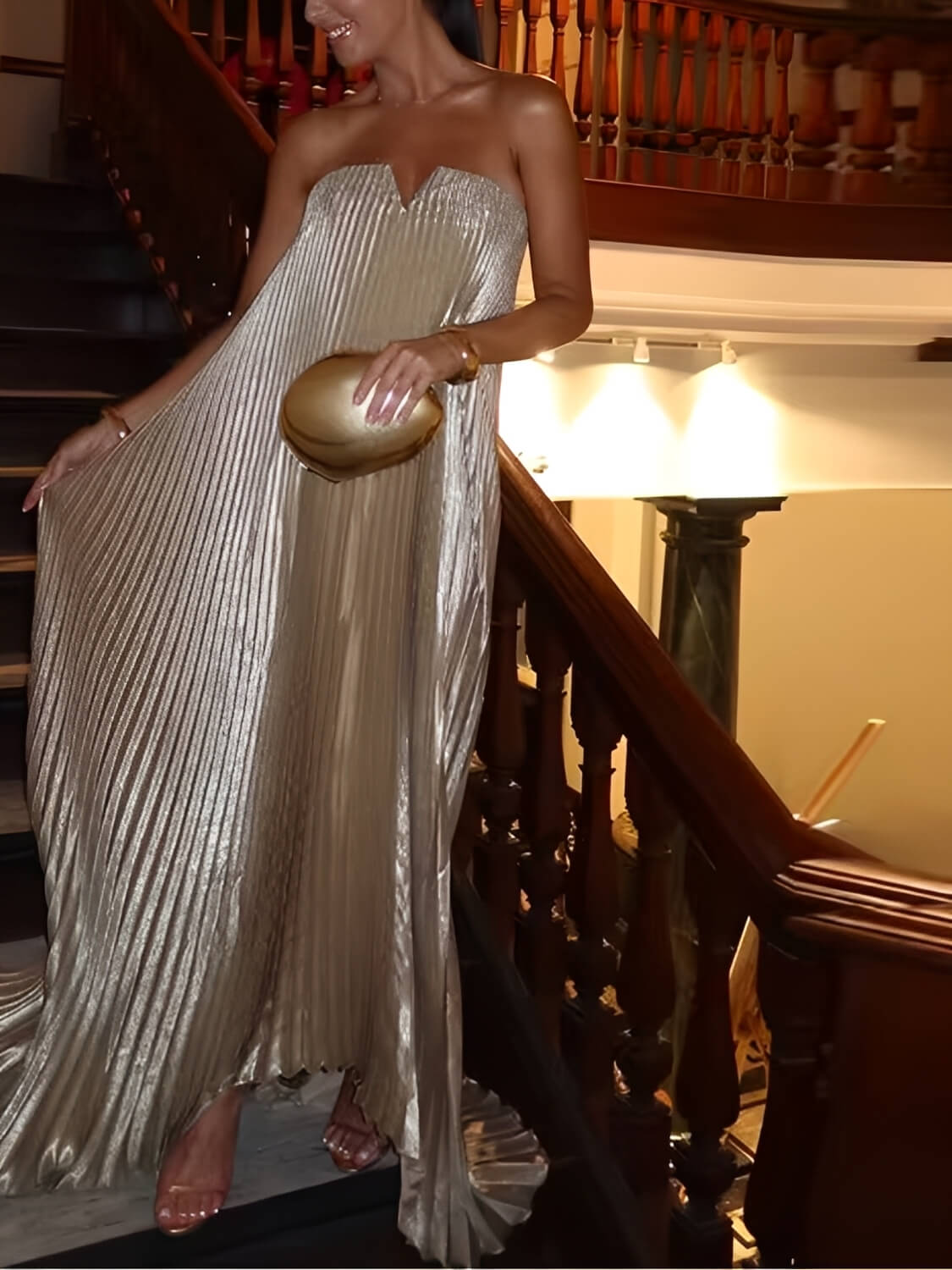 Asymmetric Pleated Satin Strapless Maxi Dress - Éris