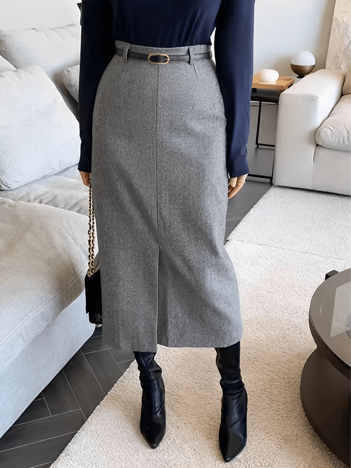 Classic Tailored High-Waisted Midi Skirt with Belt – Chiara