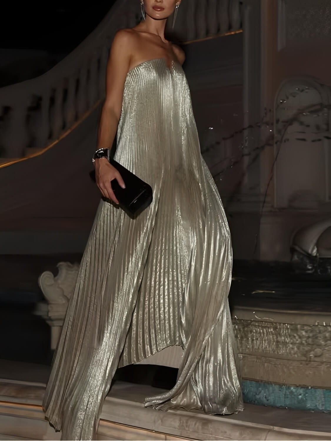 Asymmetric Pleated Satin Strapless Maxi Dress - Éris