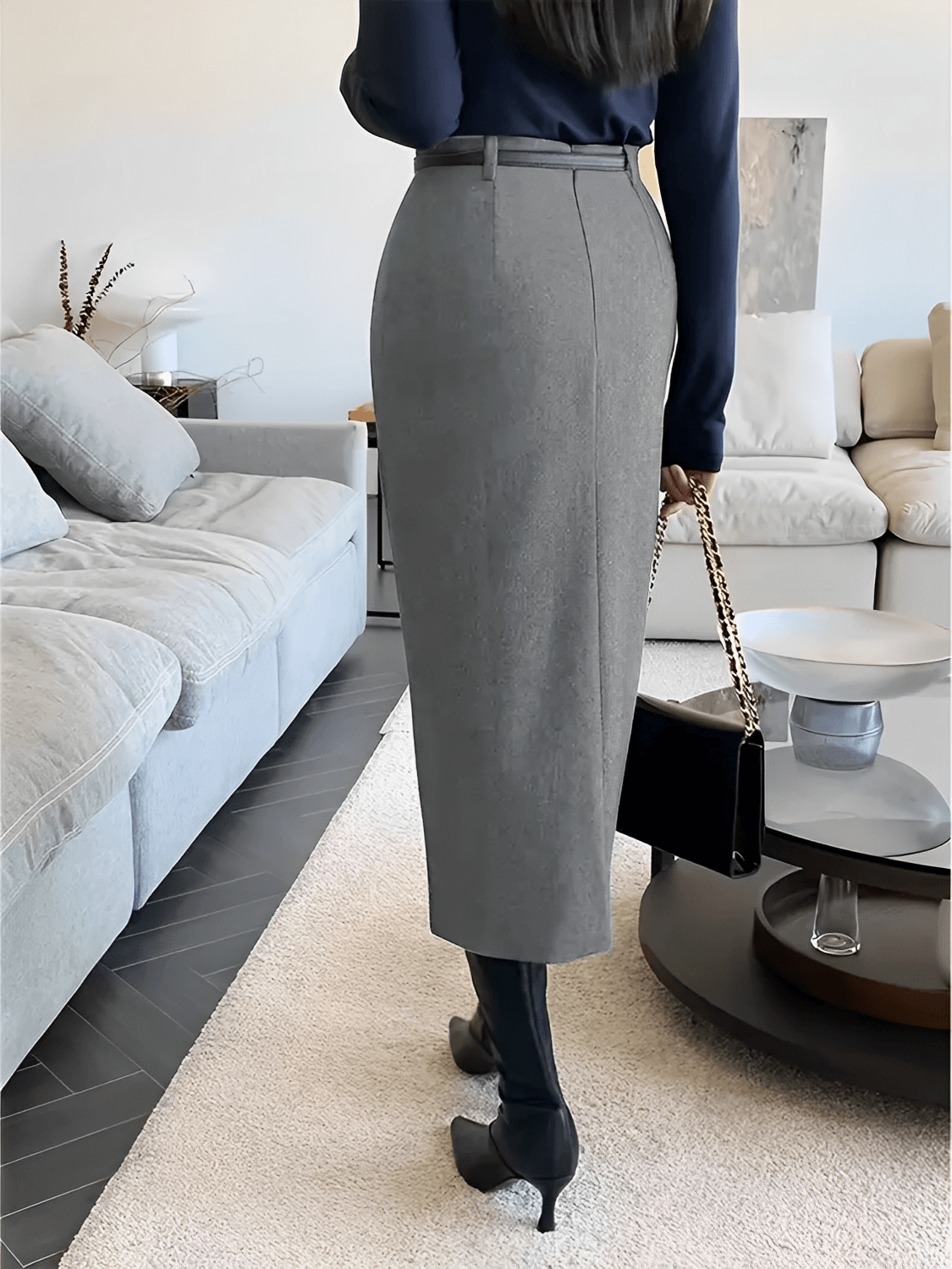 Classic Tailored High-Waisted Midi Skirt with Belt – Chiara