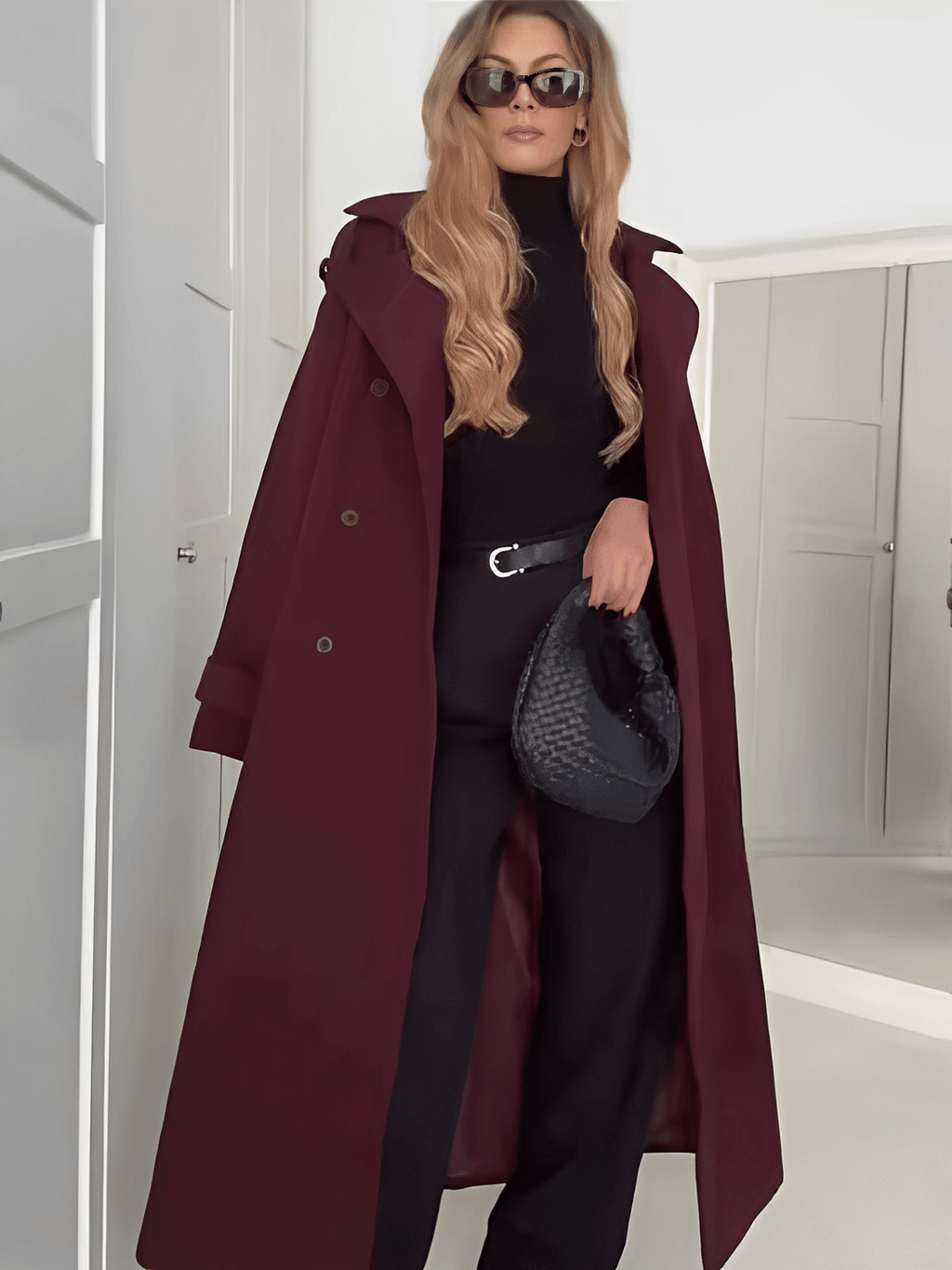 Long Boiled Wool Overcoat with Epaulettes and Tie Belt - Maisha