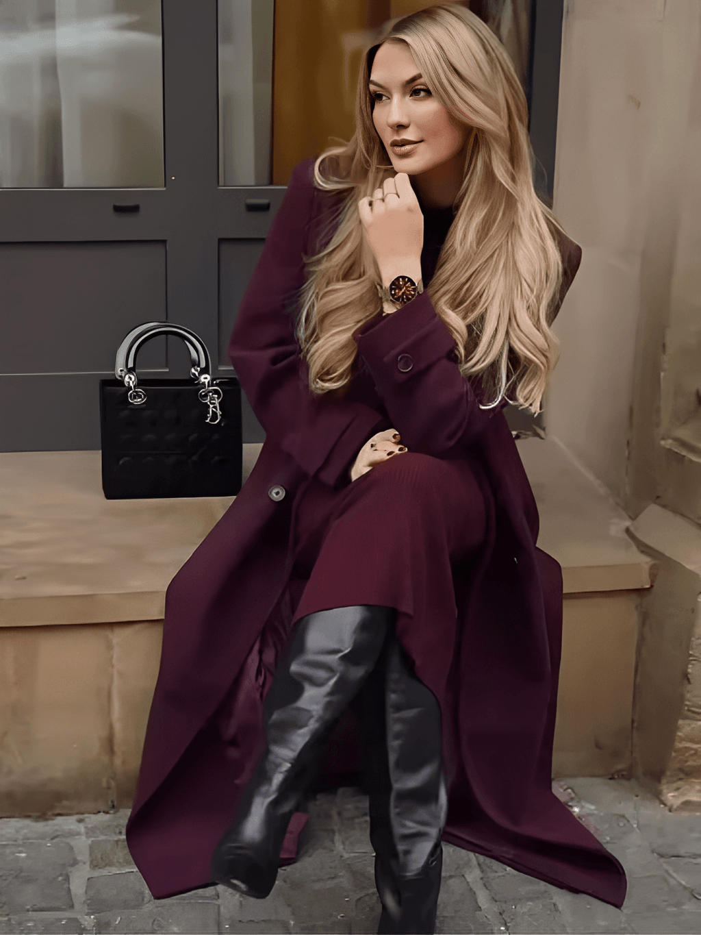 Long Boiled Wool Overcoat with Epaulettes and Tie Belt - Maisha