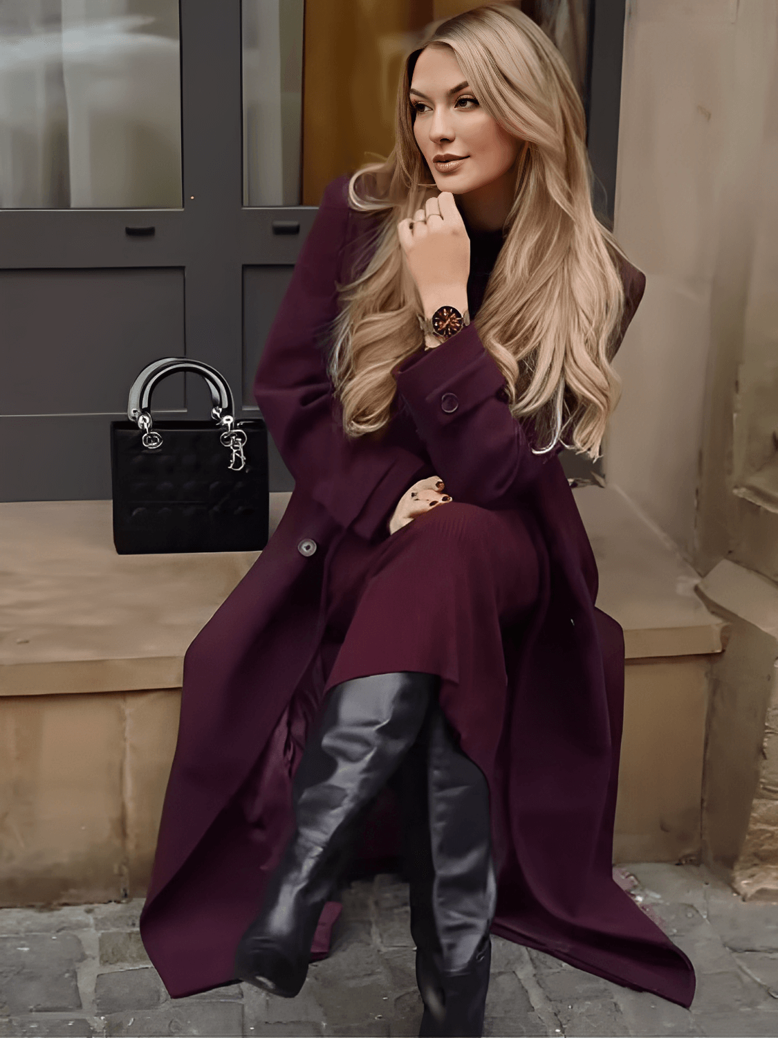 Long Boiled Wool Overcoat with Epaulettes and Tie Belt - Maisha