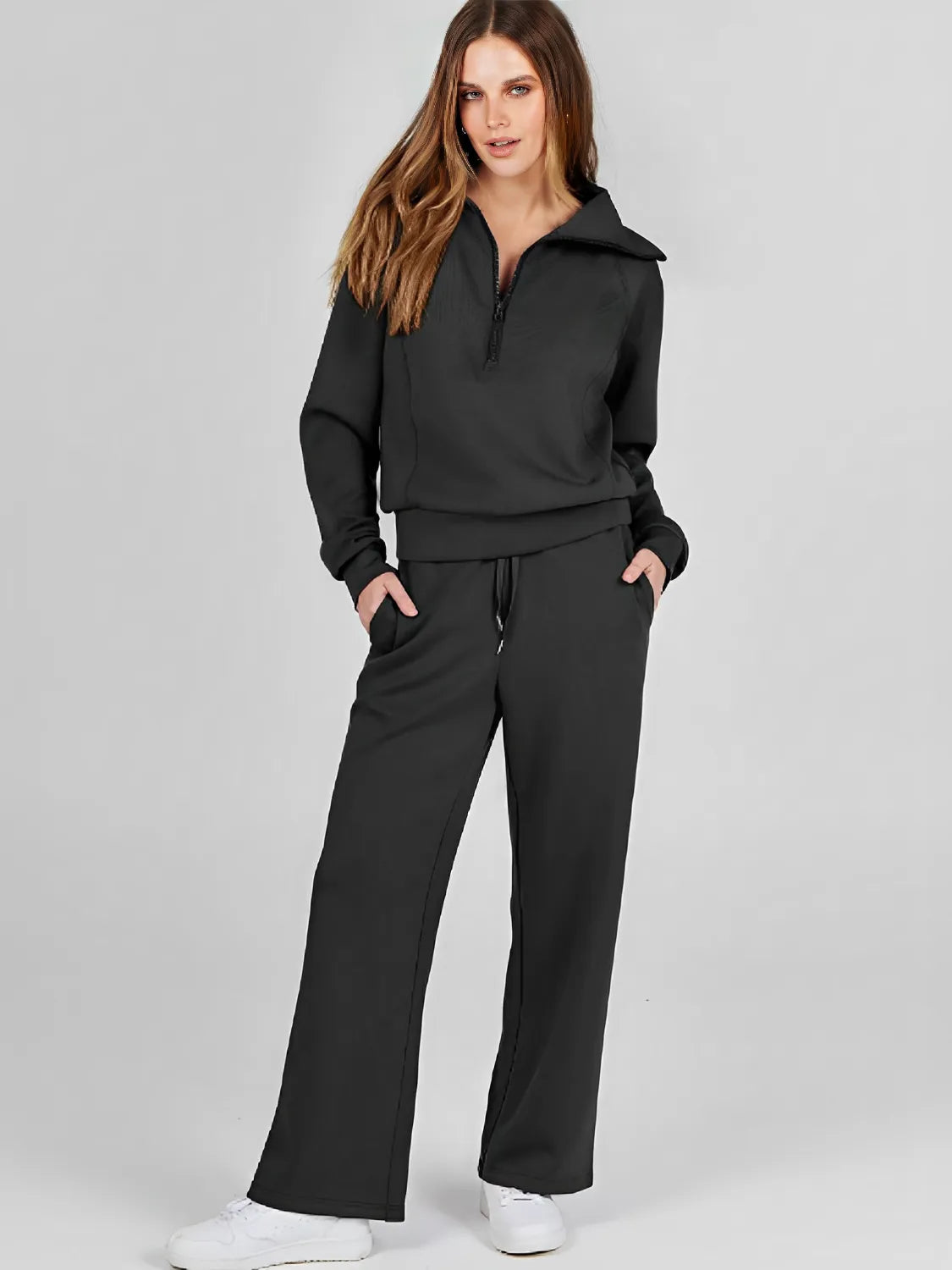 Women's Set with Adjustable High-Neck Sweater and Mid-Rise Drawstring Trousers - Alessandra
