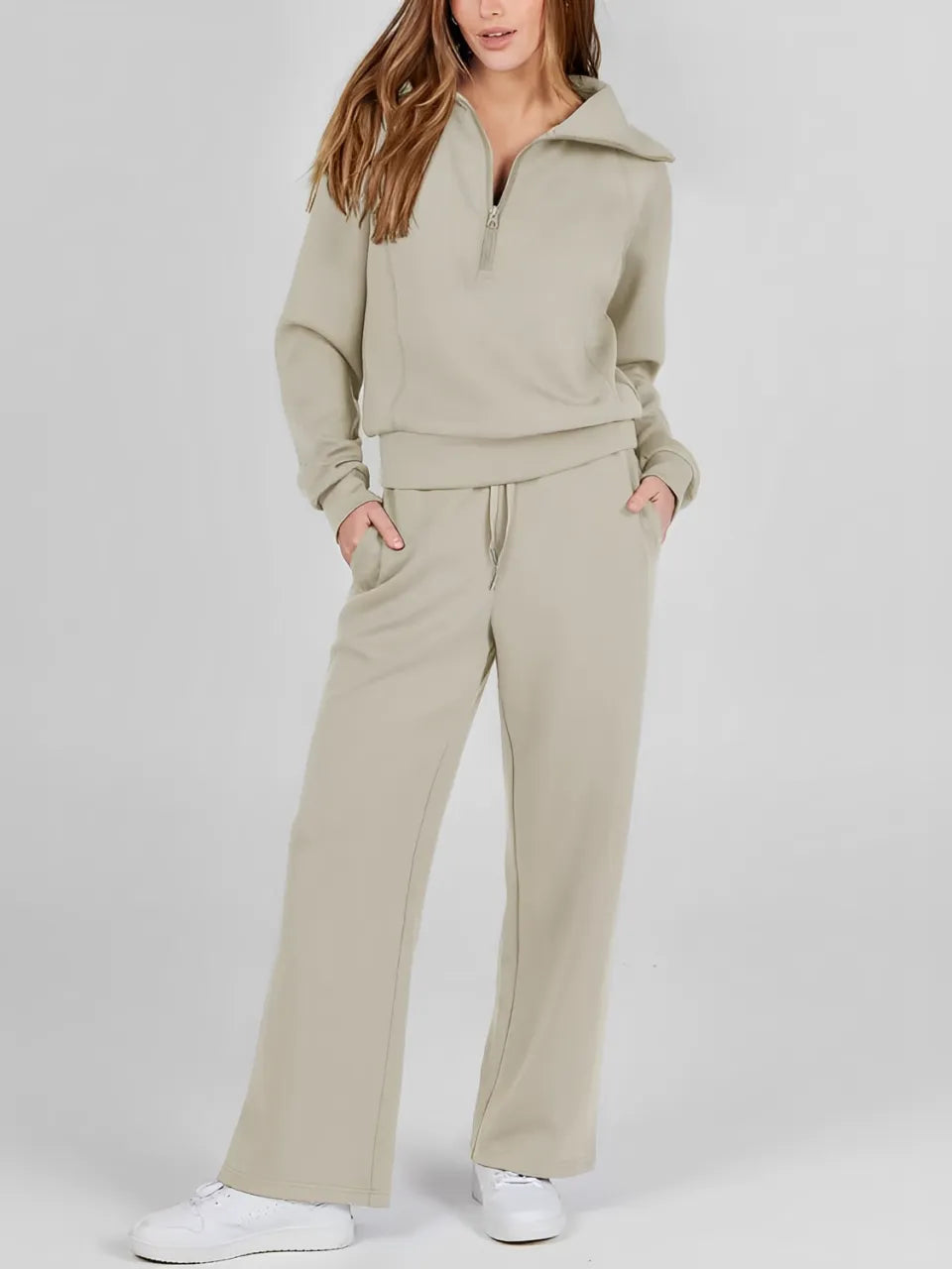 Women's Set with Adjustable High-Neck Sweater and Mid-Rise Drawstring Trousers - Alessandra