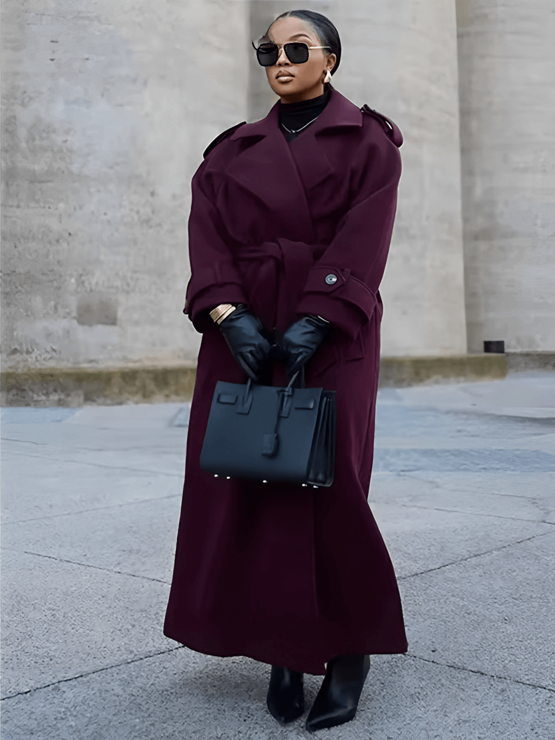 Long Boiled Wool Overcoat with Epaulettes and Tie Belt - Maisha