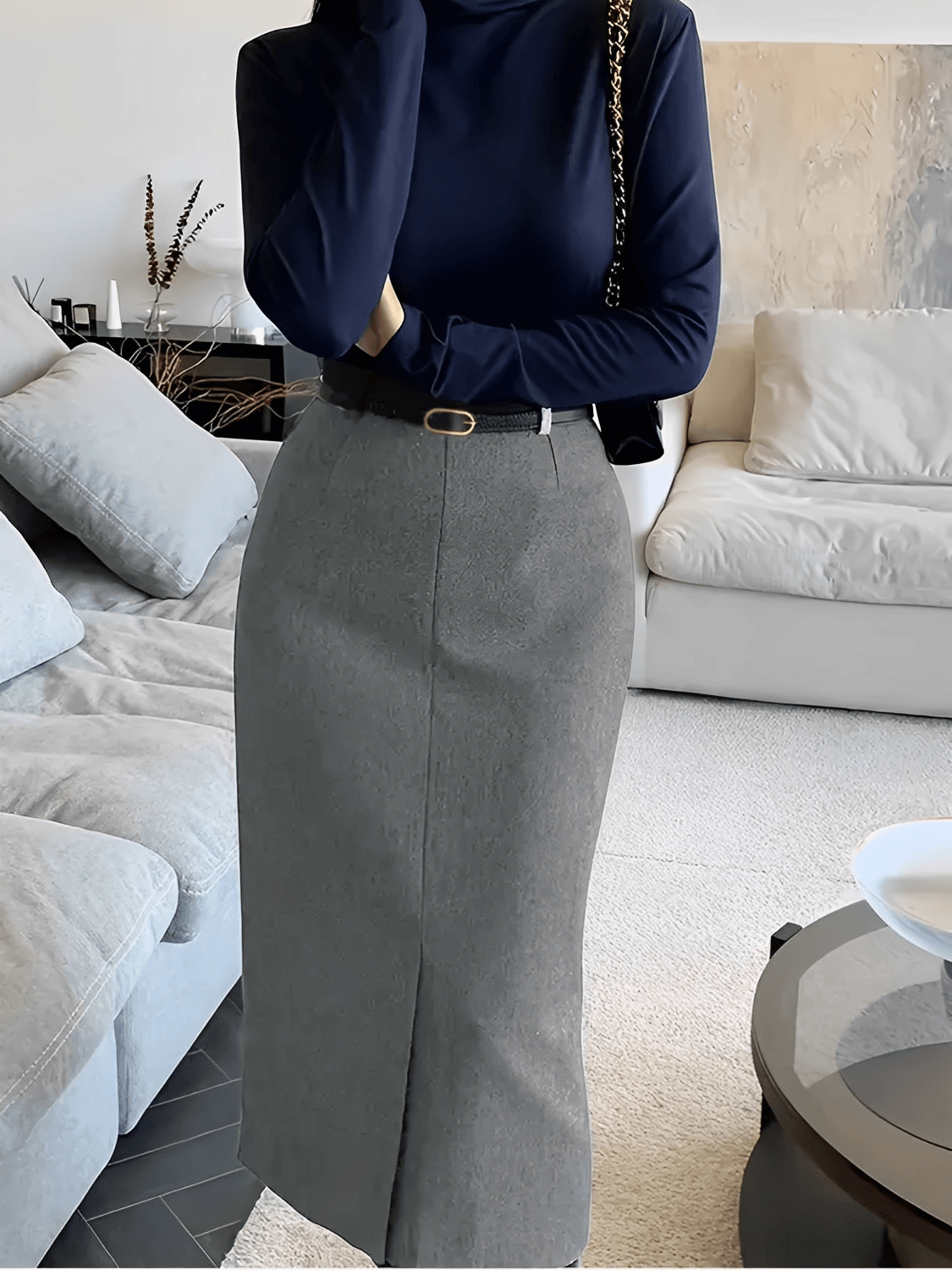 Classic Tailored High-Waisted Midi Skirt with Belt – Chiara