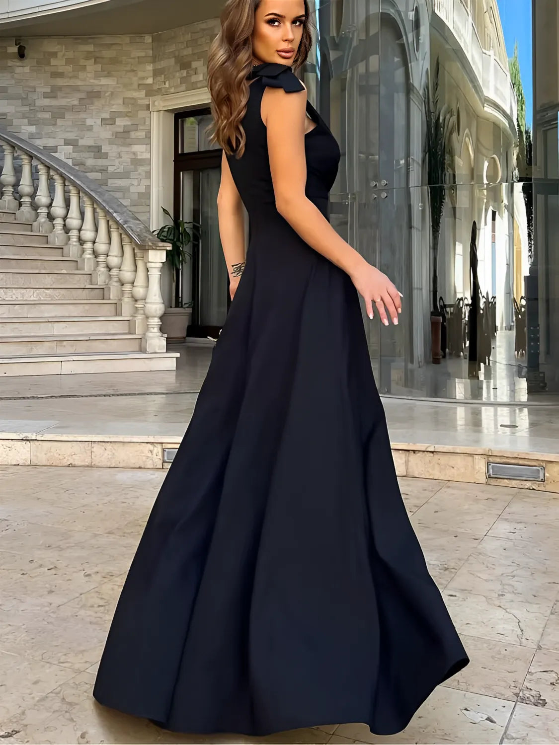 Evening Maxi Dress with V-Neckline, Bow Straps and Slit - Lara