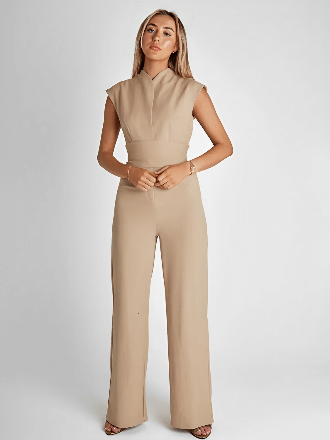Straight-Cut Tailored Jumpsuit with Adjustable Waist Tie - Samela
