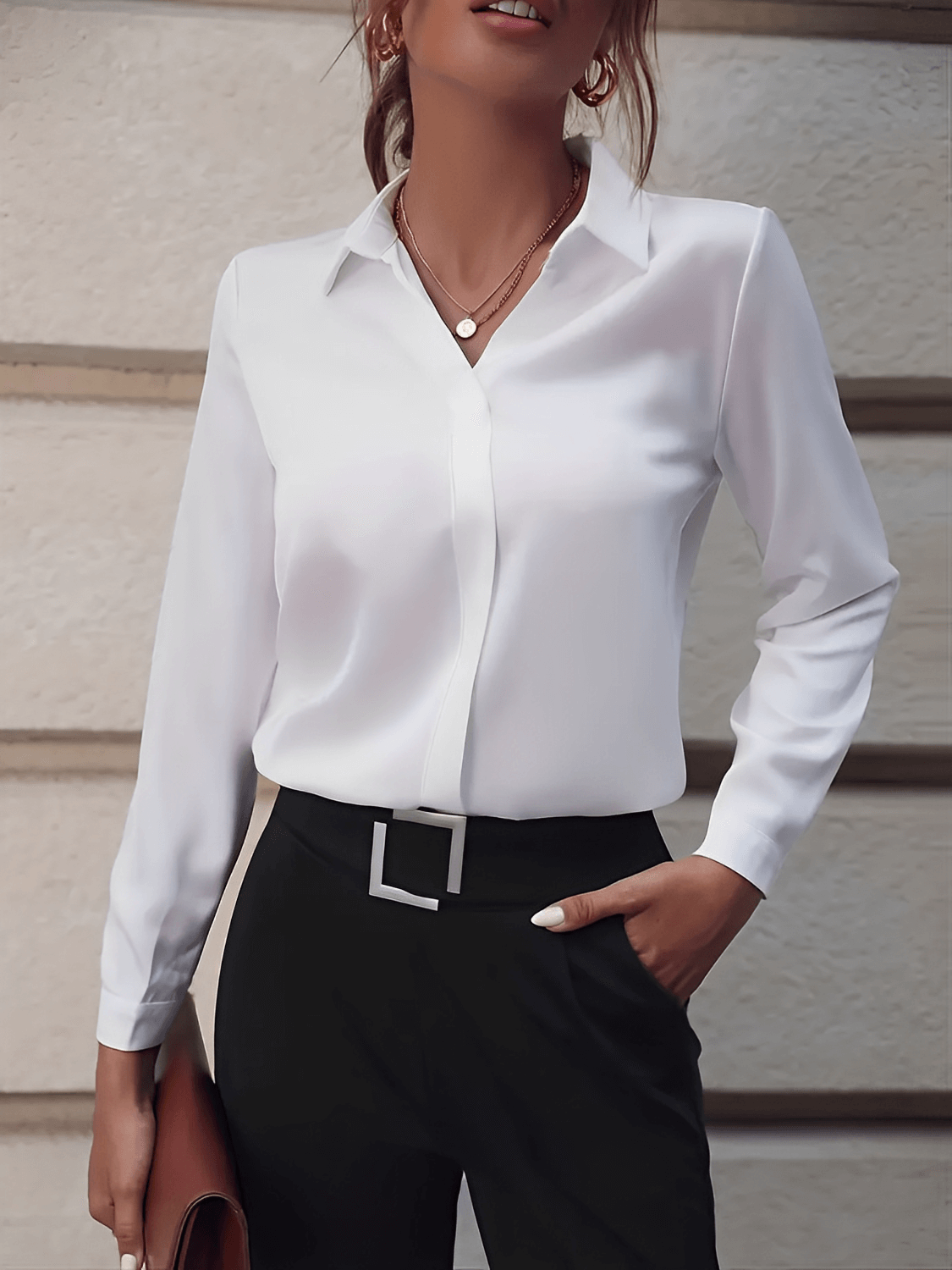 Chiffon Shirt with Lapel Collar and Pearl Brooch - Gladys